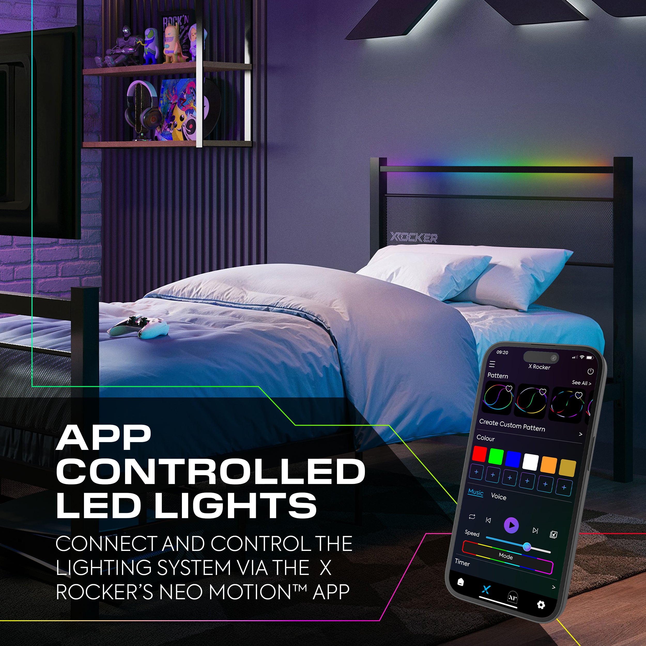Bedroom with app-controlled LED lights and smartphone displaying lighting app.