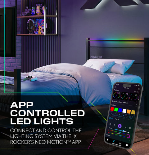 Bedroom with app-controlled LED lights and smartphone displaying lighting app.