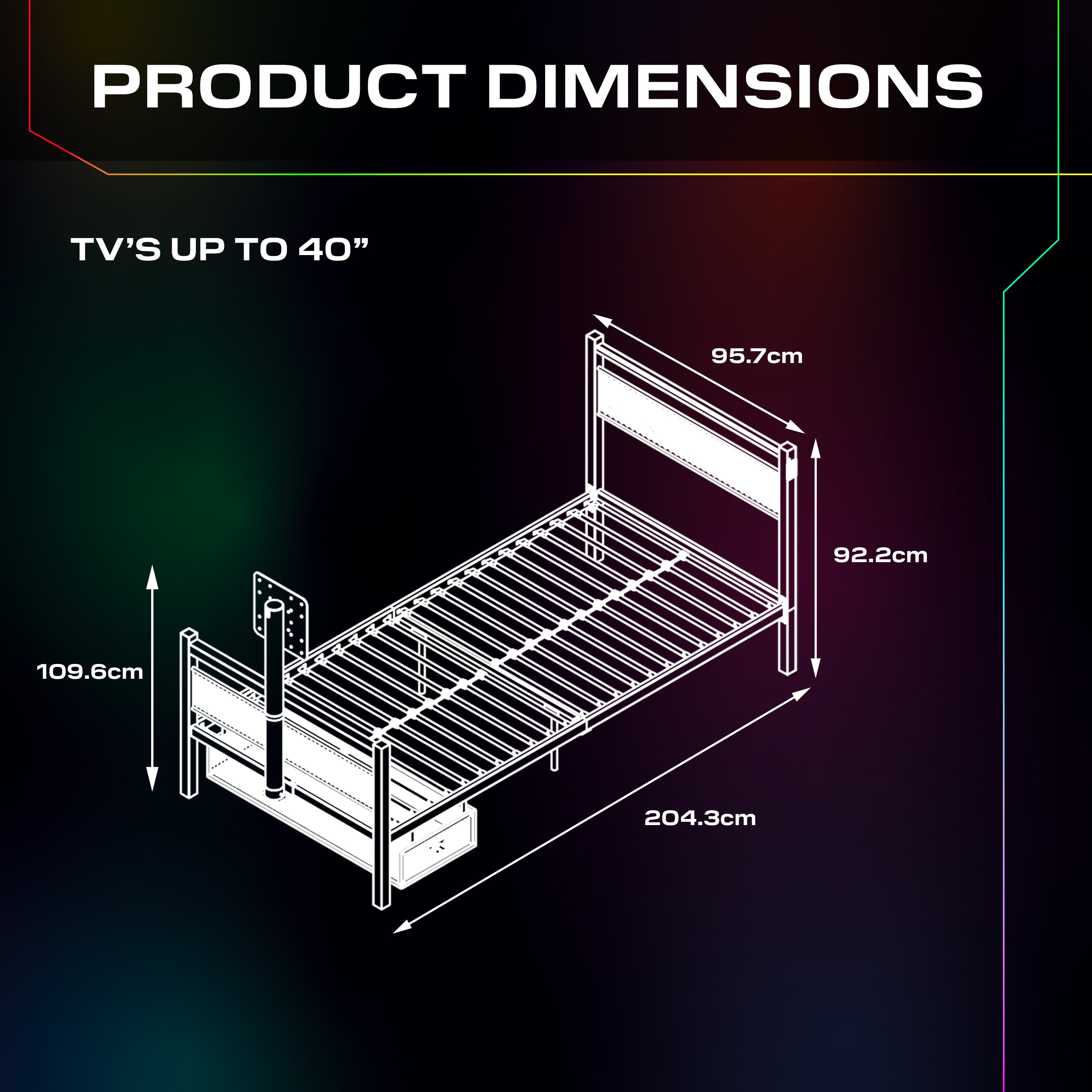 Dimensions of a bed frame with measurements in centimeters on a dark background