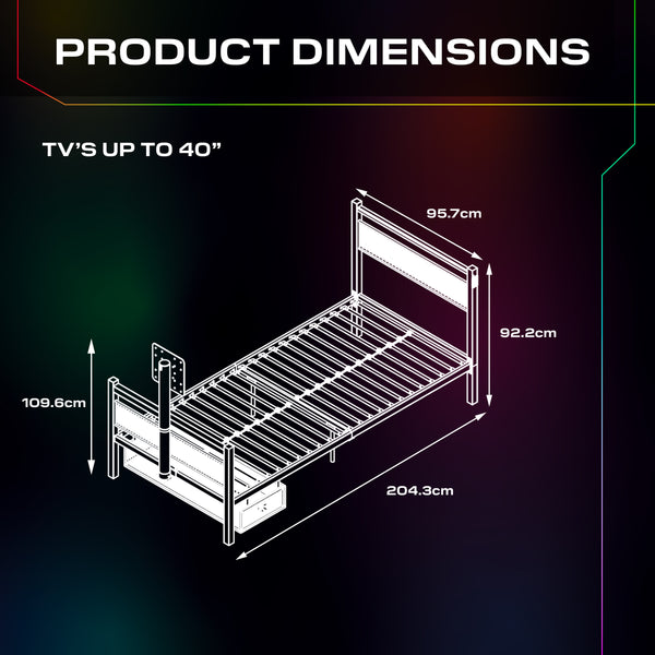 Dimensions of a bed frame with measurements in centimeters on a dark background