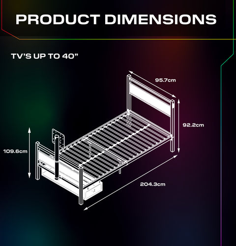 Dimensions of a bed frame with measurements in centimeters on a dark background