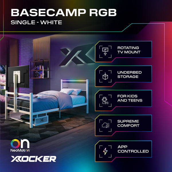 Bedroom setup with BASECAMP RGB single bed, X rocker branding, and features listed on a dark background.