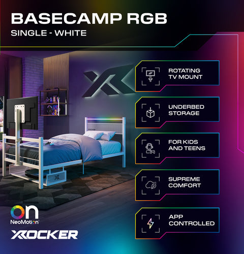 Bedroom setup with BASECAMP RGB single bed, X rocker branding, and features listed on a dark background.