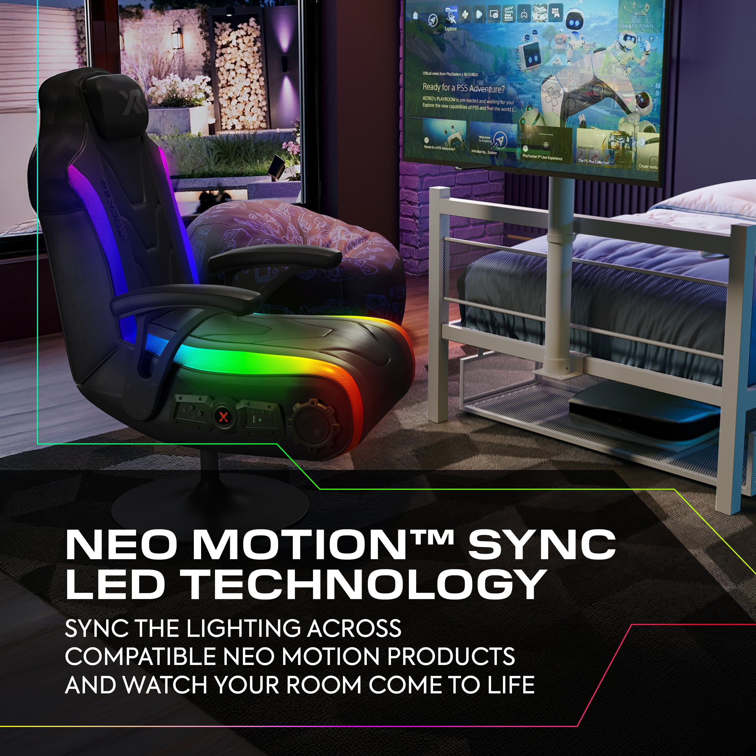 Gaming chair with RGB lighting in a room setup, featuring text about Neo Motion Sync LED technology.