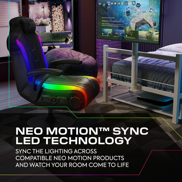 Gaming chair with RGB lighting in a room setup, featuring text about Neo Motion Sync LED technology.