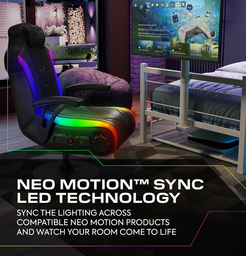 Gaming chair with RGB lighting in a room setup, featuring text about Neo Motion Sync LED technology.