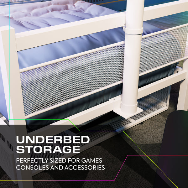 Underbed storage system with mesh panels and text highlighting its use for gaming consoles.