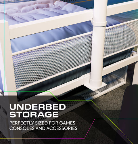 Underbed storage system with mesh panels and text highlighting its use for gaming consoles.