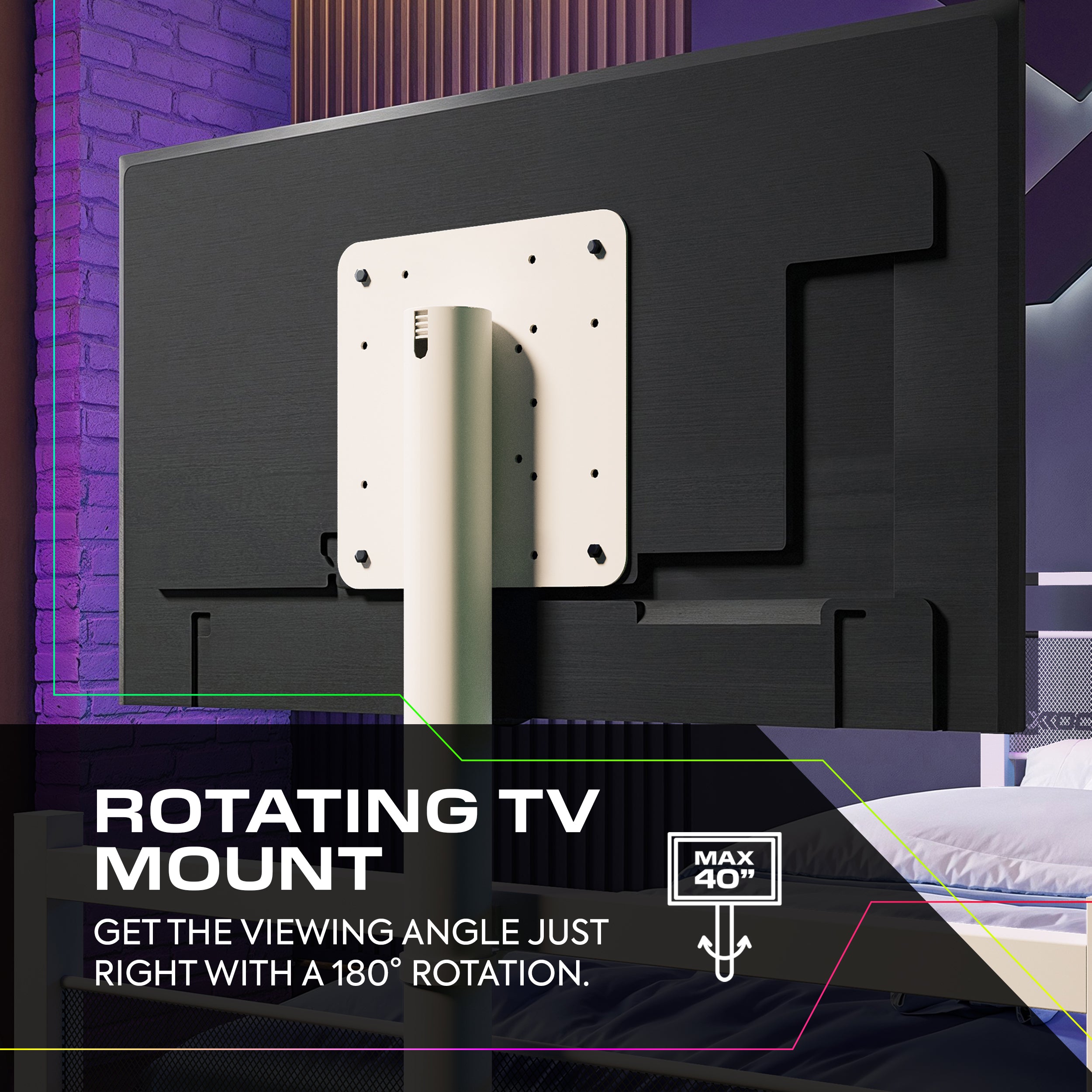 Rotating TV mount attached to a TV screen with text highlighting its features.