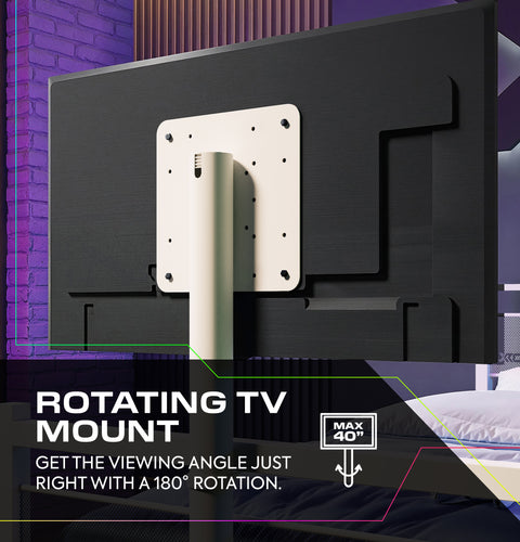 Rotating TV mount attached to a TV screen with text highlighting its features.
