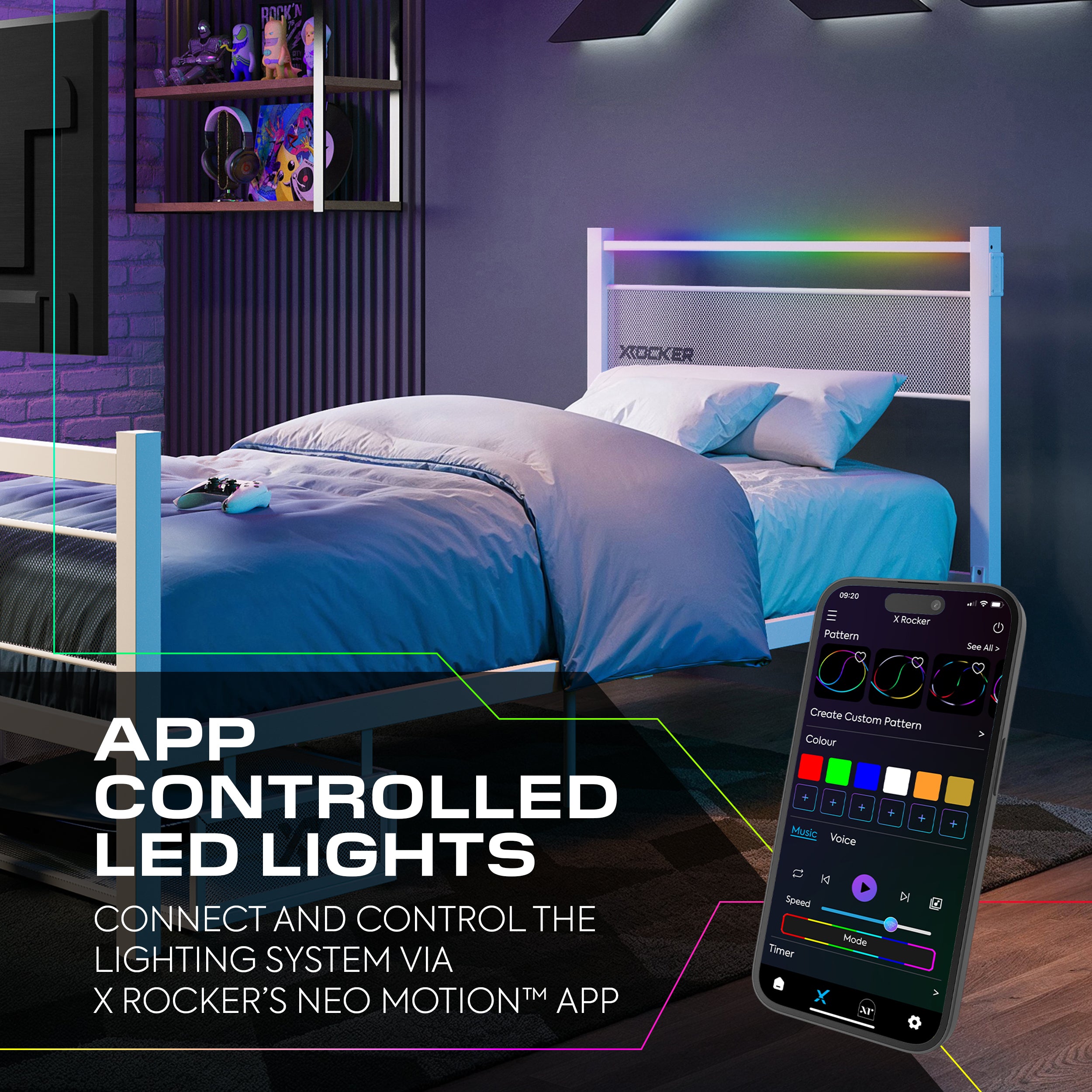 Bedroom with app-controlled LED lights and smartphone displaying app interface.