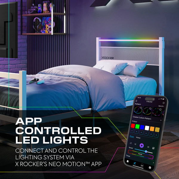 Bedroom with app-controlled LED lights and smartphone displaying app interface.