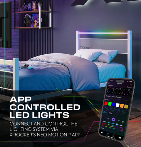 Bedroom with app-controlled LED lights and smartphone displaying app interface.