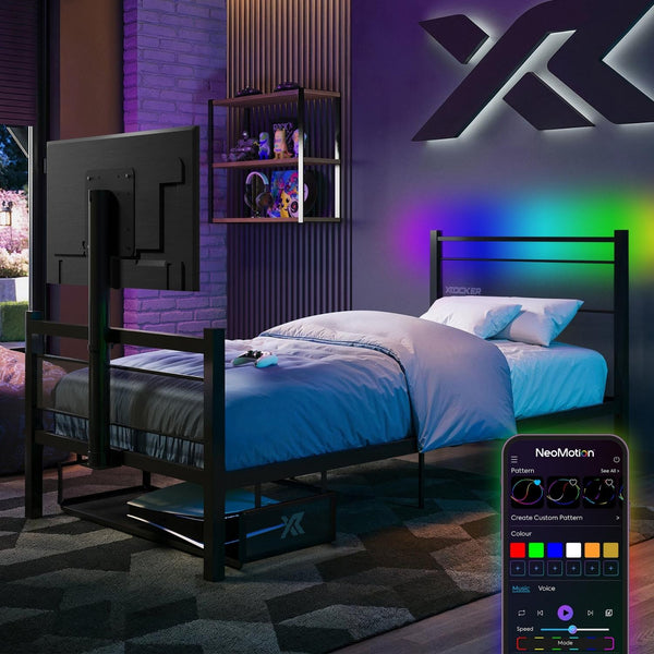 Bedroom with a Black TV Bed, the Basecamp RGB - featuring a remote control with LED lighting options.