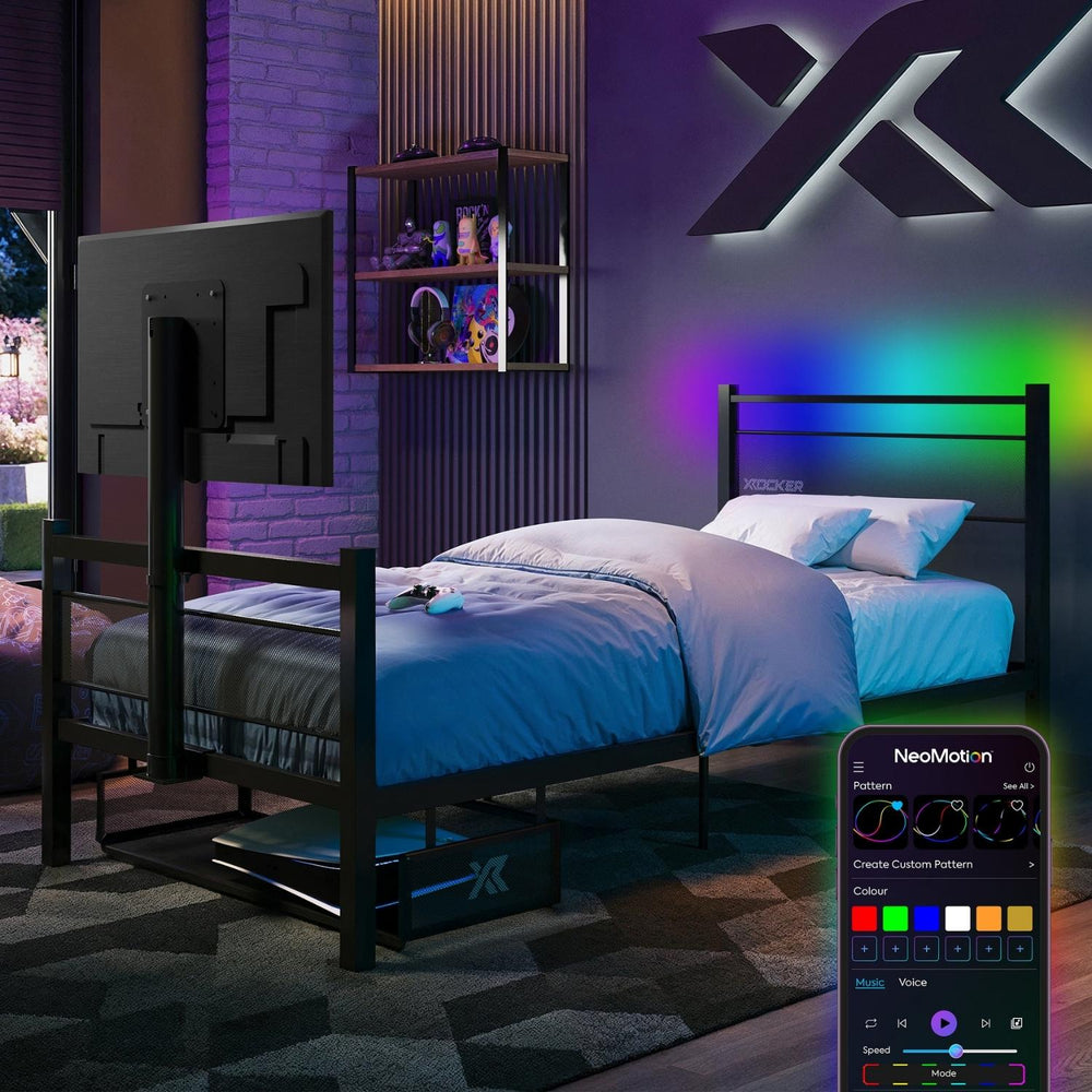 Bedroom with a Black TV Bed, the Basecamp RGB - featuring a remote control with LED lighting options.