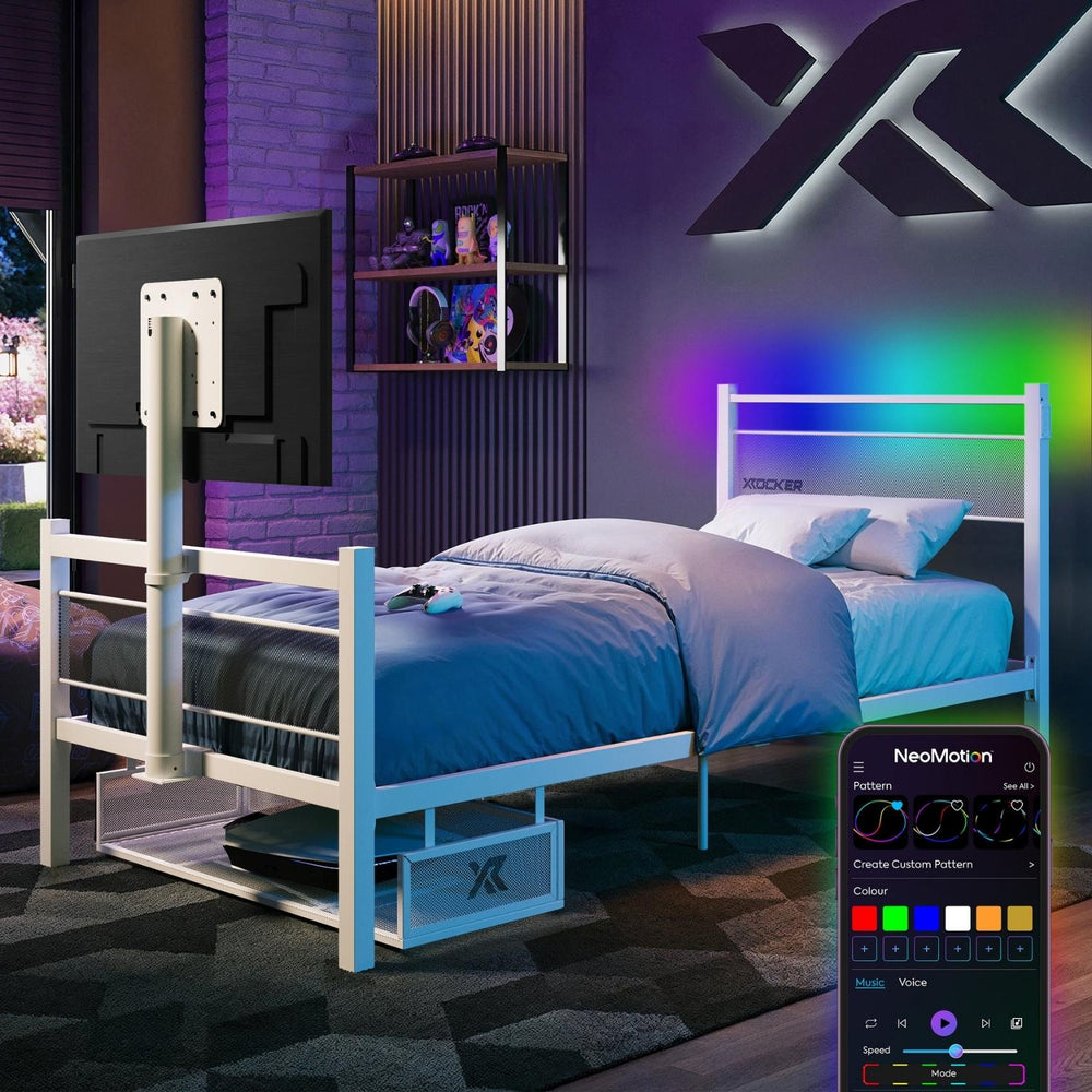 Bedroom with a TV Bed, the Basecamp RGB - featuring a remote control with LED lighting options.