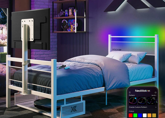 Bedroom with a TV Bed, the Basecamp RGB - featuring a remote control with LED lighting options.