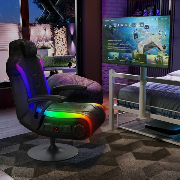 Gaming chair with RGB lighting in a room with a TV and outdoor view.