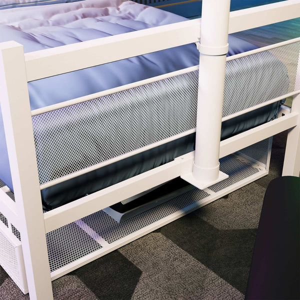White metal bunk bed with mesh side panels on a carpeted floor.