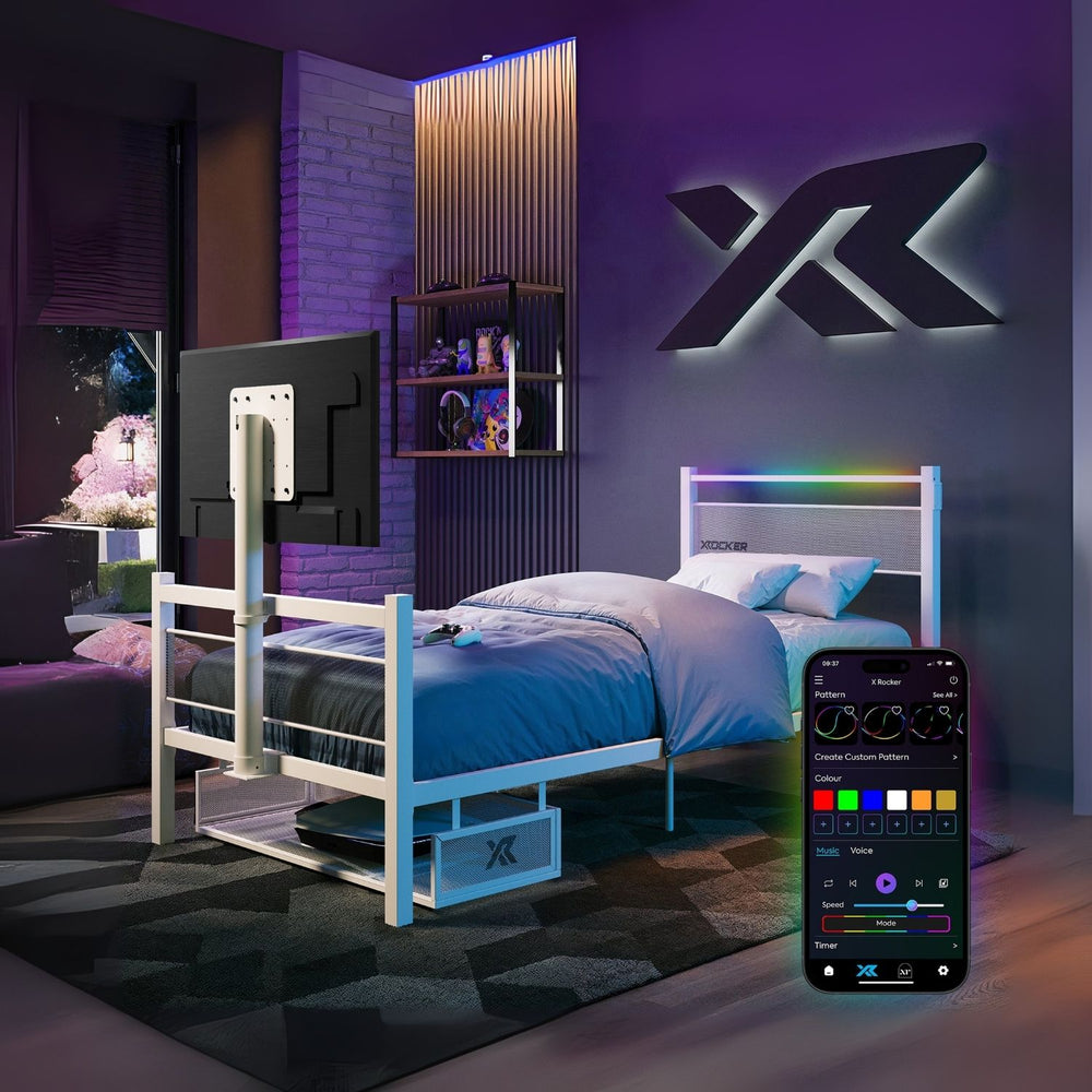 Modern bedroom with a bed and smart TV, featuring a smartphone app for control.