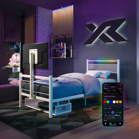 Modern bedroom with a bed and smart TV, featuring a smartphone app for control.