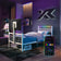 Modern bedroom with a bed and smart TV, featuring a smartphone app for control.