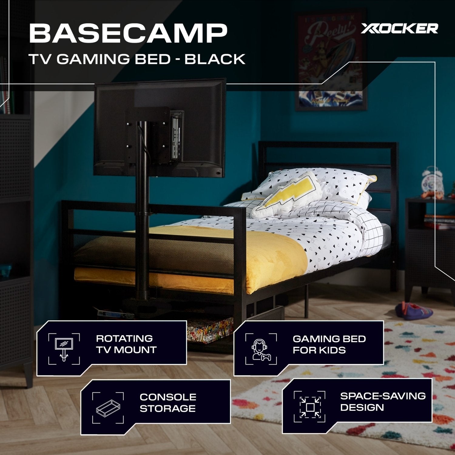 Basecamp TV gaming bed with rotating TV mount in a room setting.