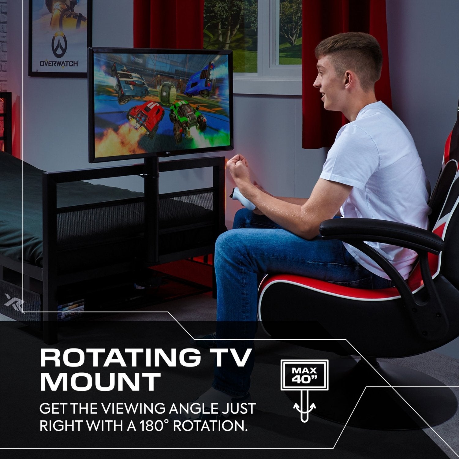 Person playing video games on a rotating TV mount in a gaming room.