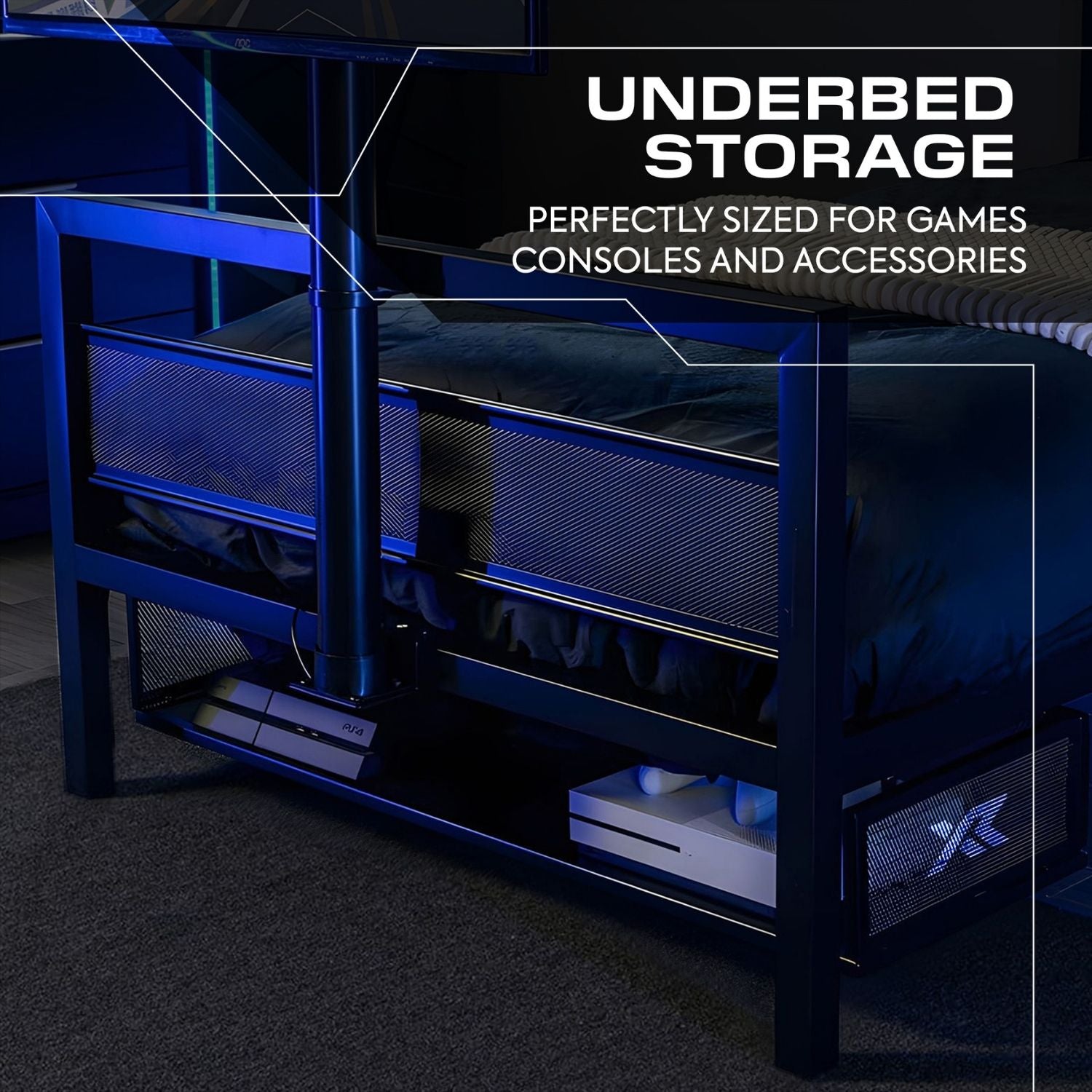 Underbed storage solution with gaming consoles and accessories, labeled 'Underbed Storage' and 'Perfectly sized for games consoles and accessories'.