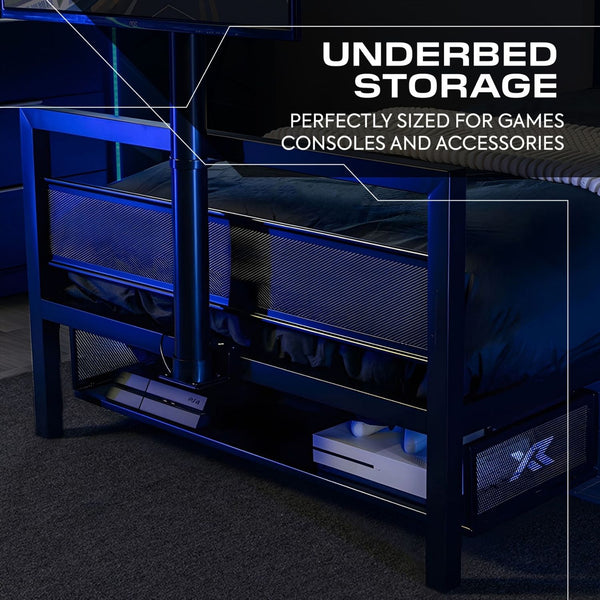 Underbed storage solution with gaming consoles and accessories, labeled 'Underbed Storage' and 'Perfectly sized for games consoles and accessories'.