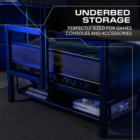 Underbed storage solution with gaming consoles and accessories, labeled 'Underbed Storage' and 'Perfectly sized for games consoles and accessories'.