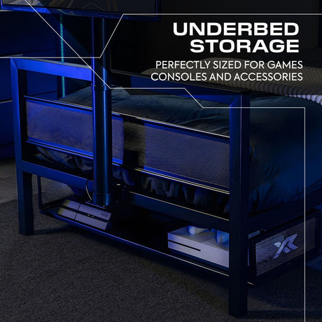 Underbed storage solution with gaming consoles and accessories, labeled 'Underbed Storage' and 'Perfectly sized for games consoles and accessories'.