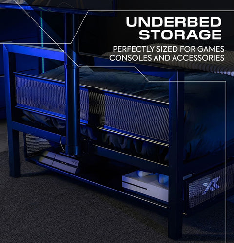 Underbed storage solution with gaming consoles and accessories, labeled 'Underbed Storage' and 'Perfectly sized for games consoles and accessories'.