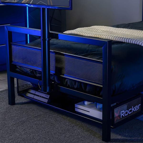 Black Bed with storage compartments and a chair, featuring the brand 'X Rocker'.