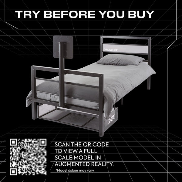 Bed with a QR code for augmented reality on a black grid background