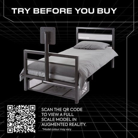 Bed with a QR code for augmented reality on a black grid background