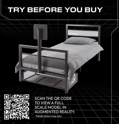 Bed with a QR code for augmented reality on a black grid background