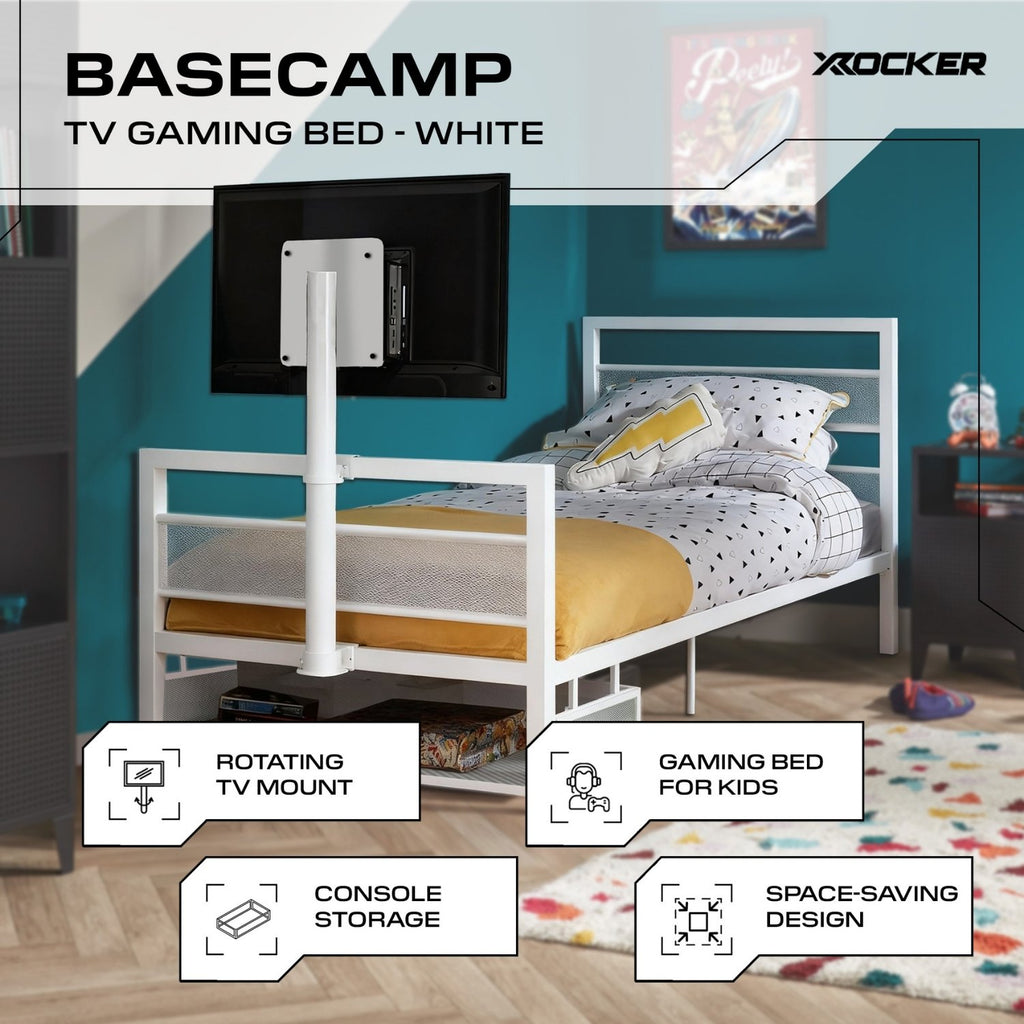 Basecamp TV gaming bed with rotating TV mount in a room setting.