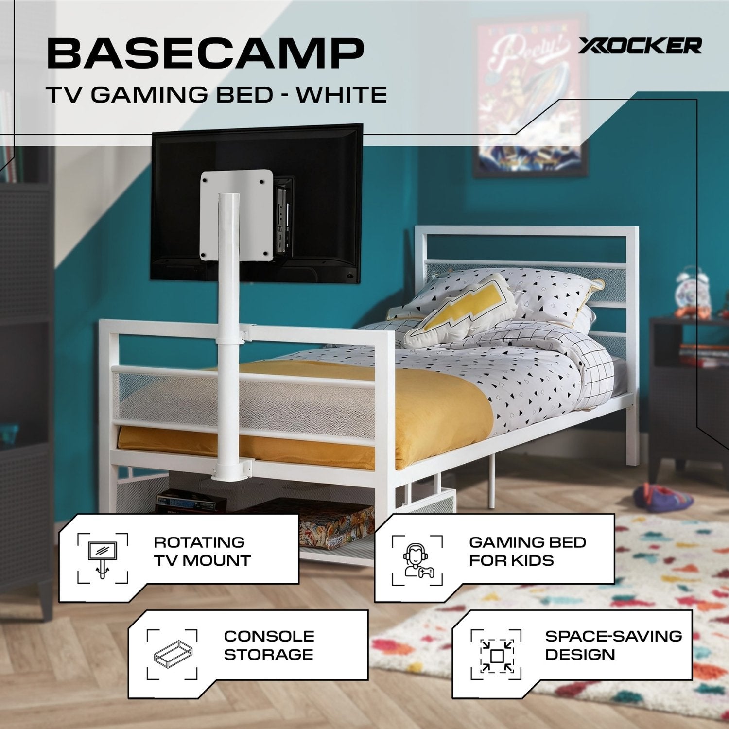 Basecamp TV gaming bed with rotating TV mount in a room setting.