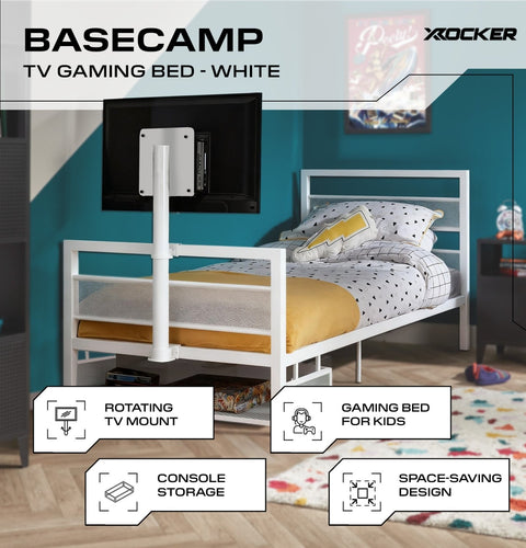 Basecamp TV gaming bed with rotating TV mount in a room setting.