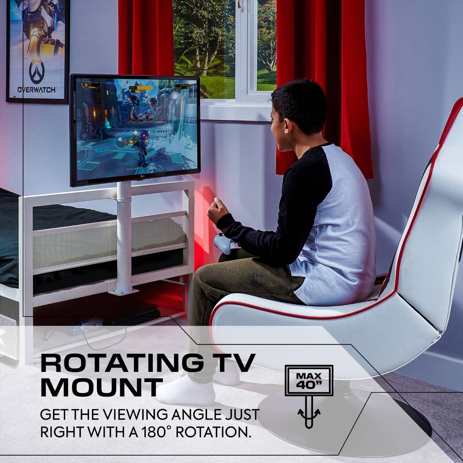Person playing video games on a rotating TV mount in a room with red curtains.