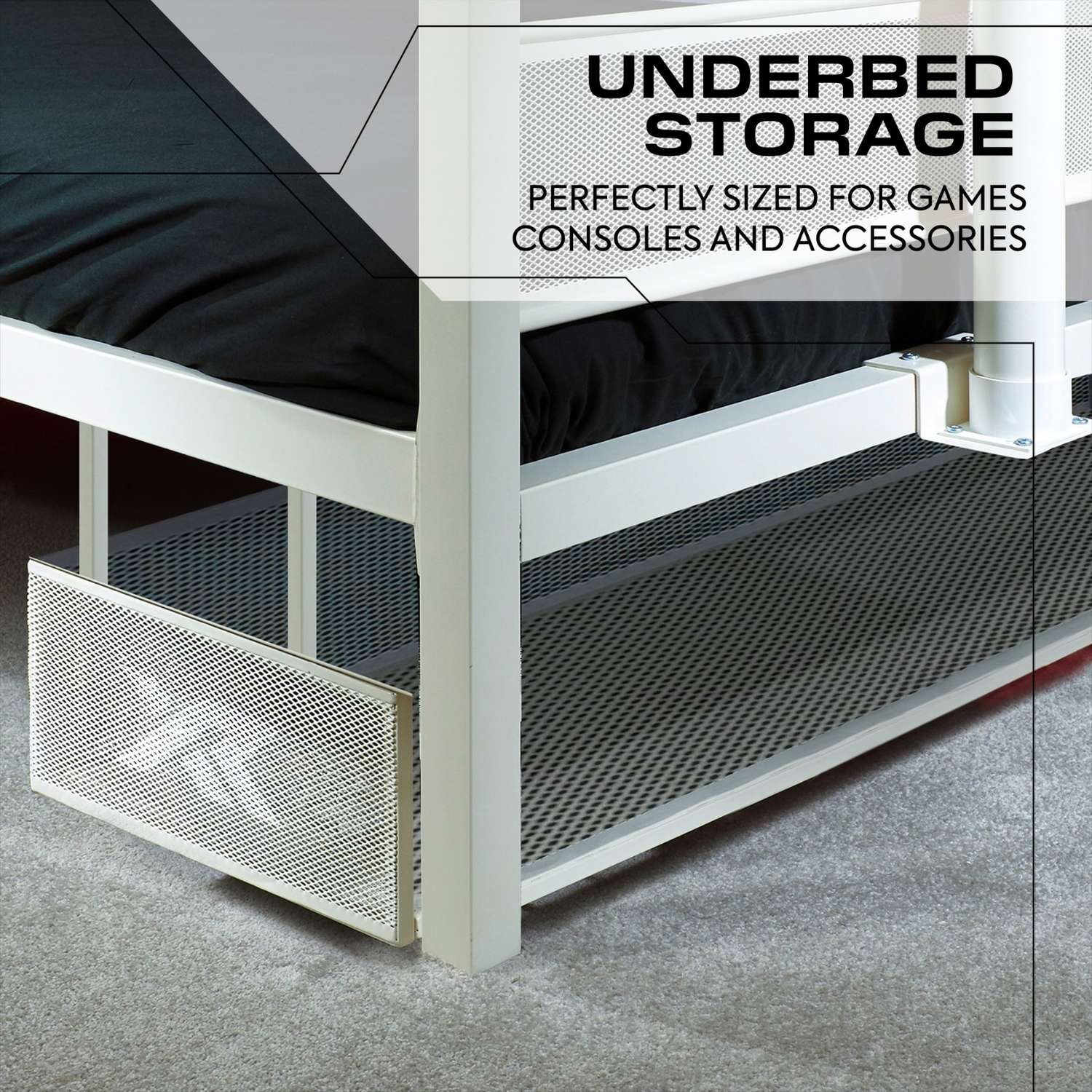 Underbed storage solution with text indicating its use for games, consoles, and accessories.