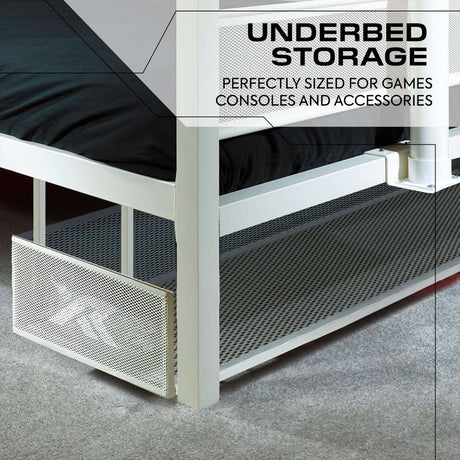 Underbed storage solution with text indicating its use for games, consoles, and accessories.