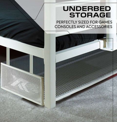 Underbed storage solution with text indicating its use for games, consoles, and accessories.
