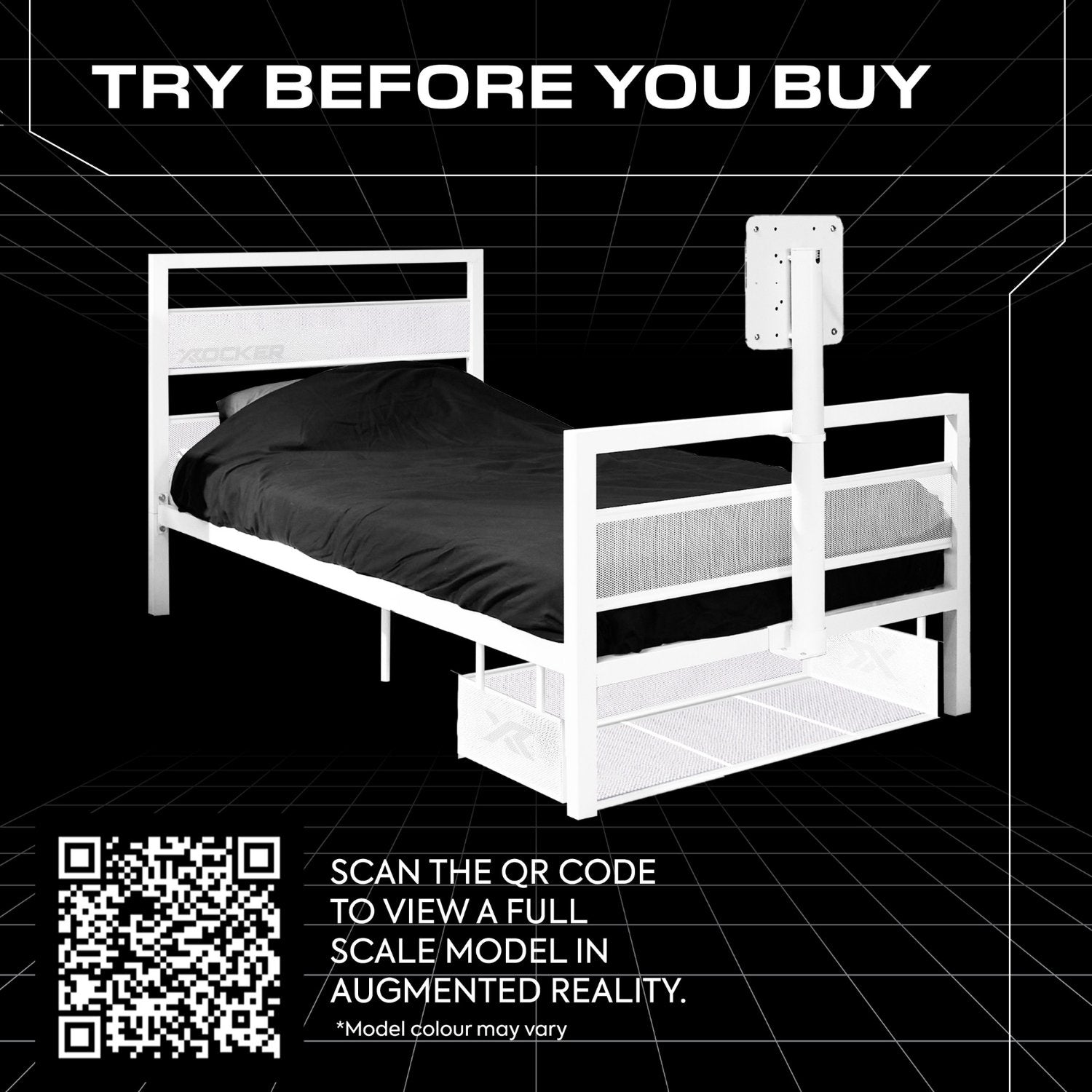 White bunk bed with black mattress on a black background with text 'Try Before You Buy'.