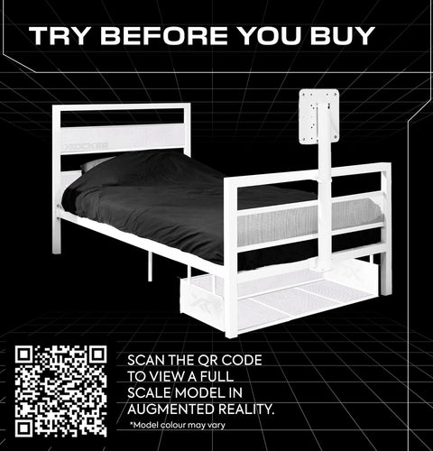 White bunk bed with black mattress on a black background with text 'Try Before You Buy'.
