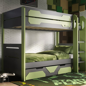 Battalion Gaming Bunk Bed with Trundle Drawers - Green