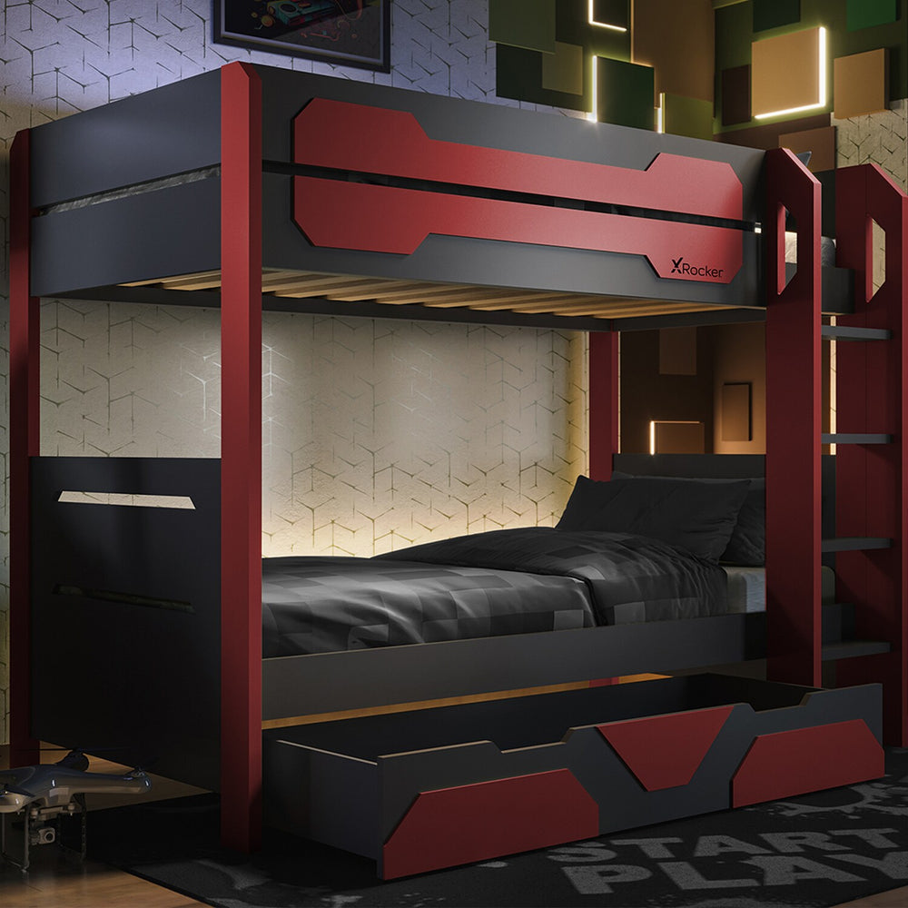 Battalion Gaming Bunk Bed with Trundle Drawers - Red