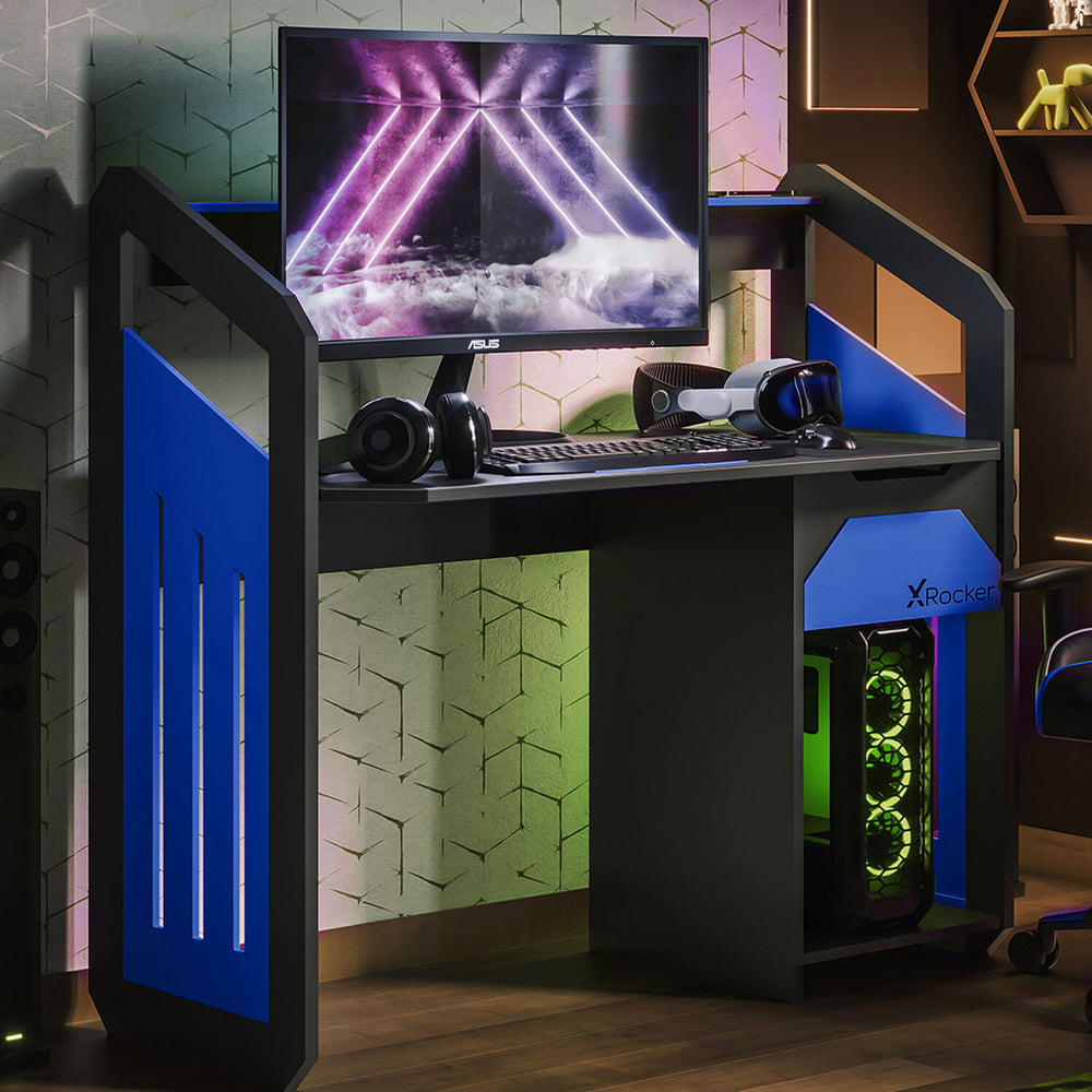 Battalion Gaming Desk with Drawers and Shelves - BLUE