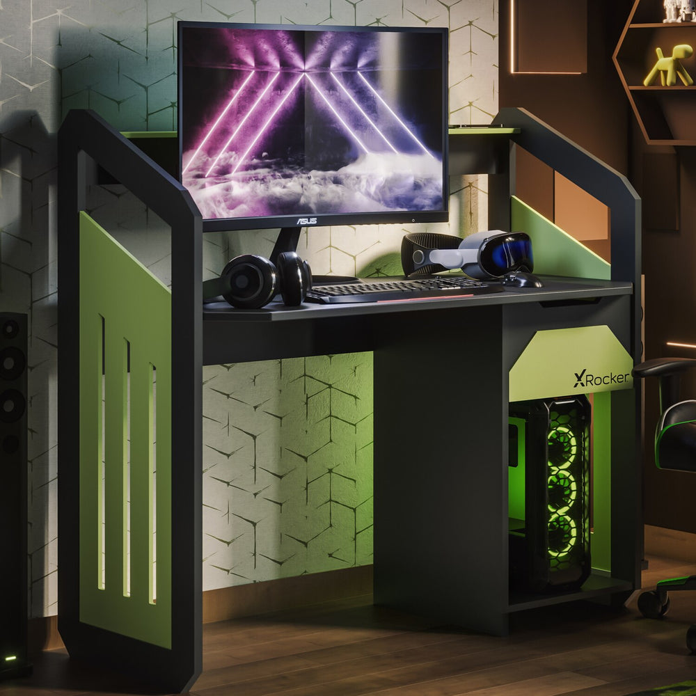 Battalion Gaming Desk with Drawers and Shelves - GREEN